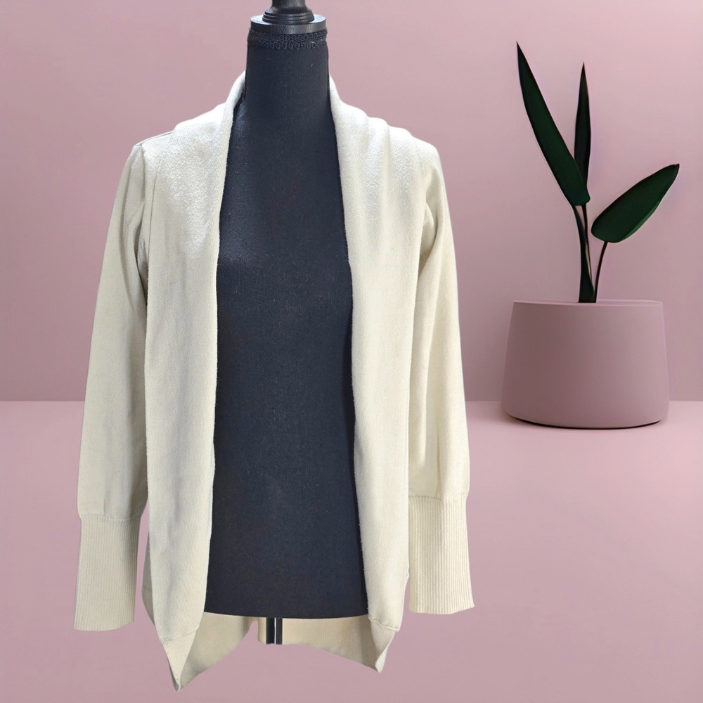 Unbranded Open Front Cardigan Women M Cream Poly Nylon Shawl Collar Ribbed Knit